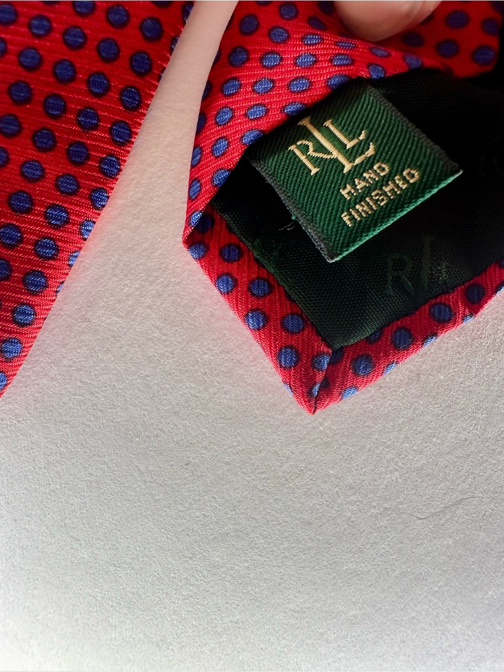 Vintage LAUREN RALPH LAUREN Red & Blue Polka Dot Classic 100% Silk Tie, 3.75” - Picture 6 of 8